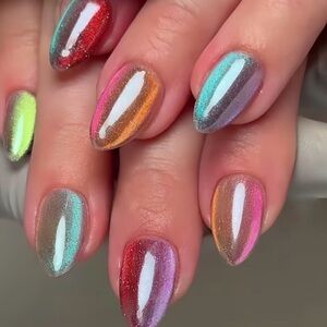 30 Piece Short, Almond Shape Rainbow Cat’s Eye  Press-On Nails